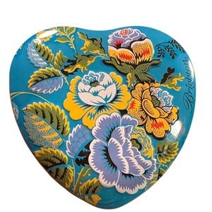 Brighton Heart Jewelry Tin Women OS Blue Yellow Good Floral Folk Art Gift Box